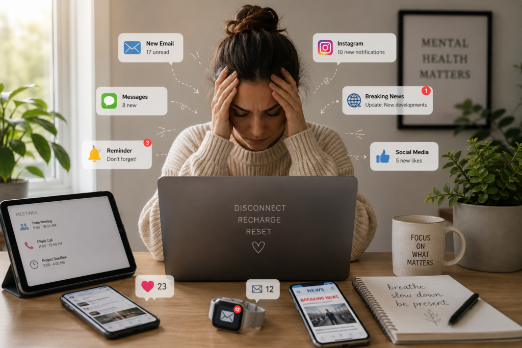 "Person feeling overwhelmed by multiple digital devices illustrating digital burnout, stress, and mental fatigue."